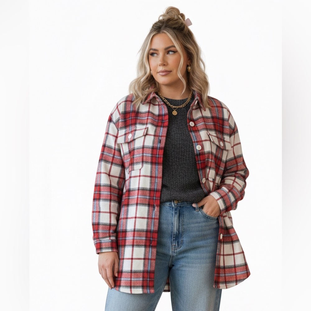 Lane Bryant Red White Plaid Wool Blend Shacket Shirt Jacket Plus 14/16